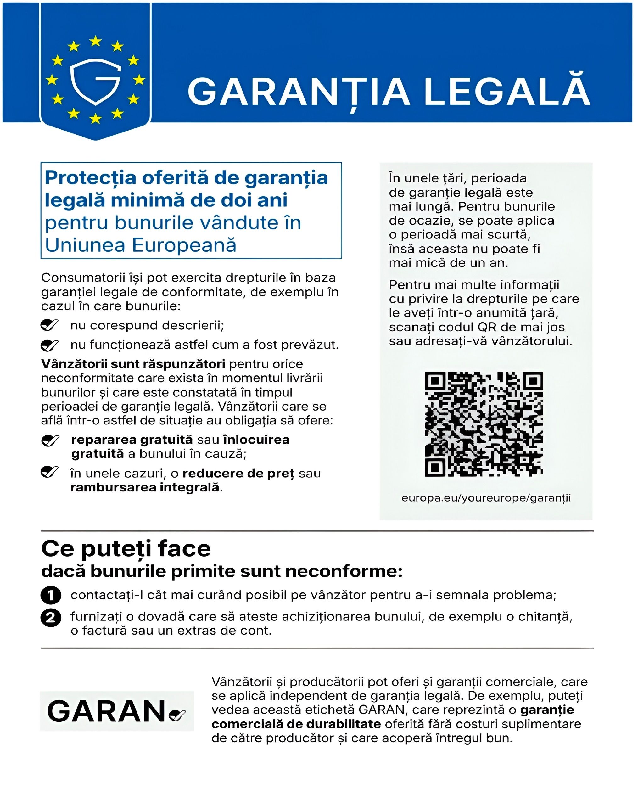 Notificarea armonizată a Uniunii Europene privind garanția legală de conformitate